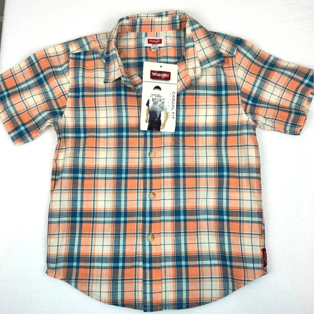 NWT Wrangler Boys Plaid Button Down Shirt Orange Blue Short Sleeve‎ Size 6